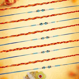 Yellow Bee Set Of 10 Evil Eye Thread Rakhis With Greeting Card & Roli Chawal Holder-image-70