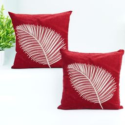 Decoghar Maroon & Gold-Toned 2 Pieces Floral Embroidered Square Cushion Covers-image-91