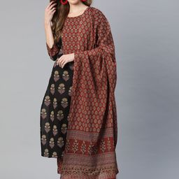 Yuris Women Black Floral Printed Regular Sequinned Pure Cotton Kurta with Palazzos & With Dupatta-8