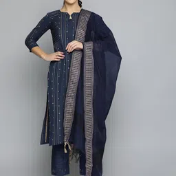 Kvsfab Women Navy Blue Pure Cotton Kurta with Trousers & Dupatta-picture-3