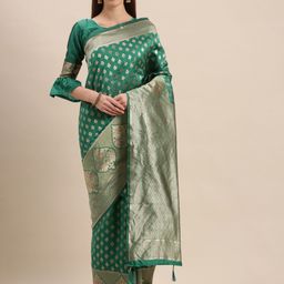 Mitera Green Silk Blend Woven Design Kanjeevaram Saree-image-26