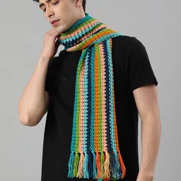 Magic Needles Unisex Multicoloured Self Design Knitted Scarf With Tassels-1