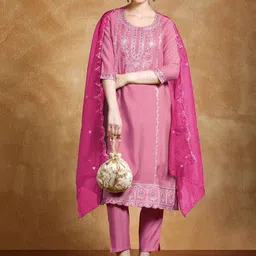 Varanga Floral Embroidered Regular Round Neck Straight Kurta With Trousers & Dupatta-20