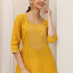 Libas Floral Yoke Design Notch Neck Sequinned Straight Kurtas-picture-2
