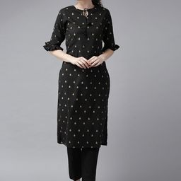 Bhama Couture Women Black & Golden Block Printed Straight Kurta-34