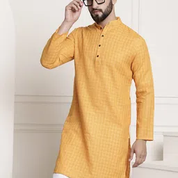 SOJANYA Men Mustard Yellow Dobby Self-Checked Straight Kurta-picture-17