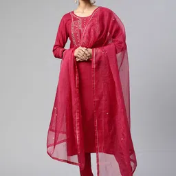 SheWill Women Pink Ethnic Motifs Embroidered Kurta with Trousers & Dupatta-image-51