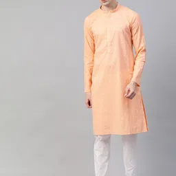 See Designs Men Peach-Colour Pure Cotton Chikankari Embroidered Straight Kurta-picture-17