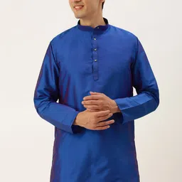 THANGAMAGAN Men Blue Solid Band Collar A-Line Straight Kurta-image-71