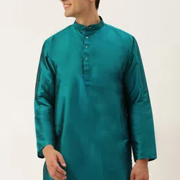 THANGAMAGAN Men Teal Solid Band Collar A-Line Straight Kurta-image-66
