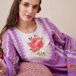 Indo Era Floral Printed Sequinned Pure Cotton Straight Kurta With Trouser And Dupatta-picture-8