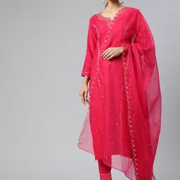 SheWill Women Pink Ethnic Motifs Embroidered Kurta with Trousers & Dupatta-image-11