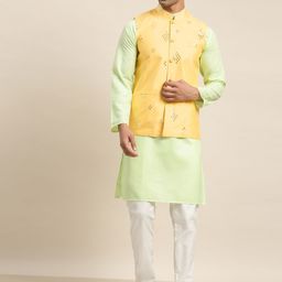 SOJANYA Men Green Mirror Work Pure Cotton Kurta with Churidar & Nehru Jacket-29