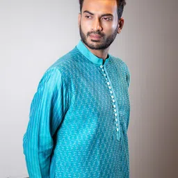 DARSHIKA MENSWEAR Geometric Self Design Mandarin Collar Cotton Silk Kurta With Churidar-picture-15