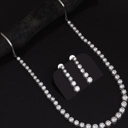 PREYANS Silver-Plated White AD Studded Necklace with Drop Earrings-30