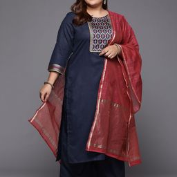 Indo Era Plus Size Women Navy Blue Ethnic Motifs Cotton Kurta with Palazzos & With Dupatta-image-78