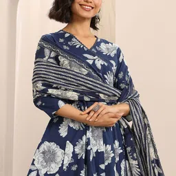 Libas Womens Navy blue Printed Cotton Anarkali Kurta With Trousers & Dupatta-picture-25