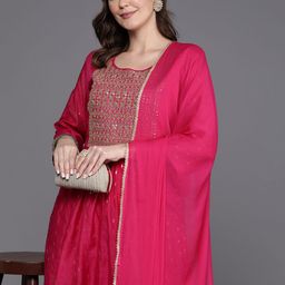 Indo Era Embroidered Empire Sequinned Chanderi Silk Kurta with Trousers & Dupatta-image-94