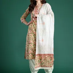 Indo Era Floral Printed Pure Cotton Kurta with Salwar & With Dupatta-image-2