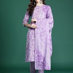 Indo Era Floral Printed Pure Cotton Kurta with Trousers & Dupatta-picture-20