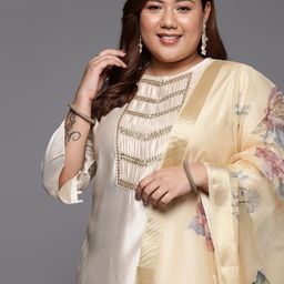 Indo Era Women Plus Size  Off White Ethnic Motifs Liva Kurta with Trousers & With Dupatta-image-97