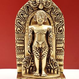 Exotic India Gold-Toned Brass Statue of Bhagawan Mahavir Standing on Kirtimukha Throne-image-35
