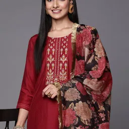 Varanga Women Maroon & Beige Floral Embroidered Thread Work Kurta with Trousers & Dupatta-30