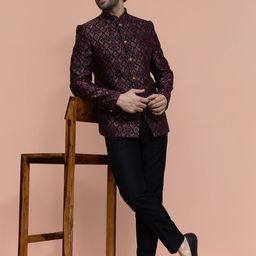 KISAH Men Maroon Ethnic Motifs Woven Design Jodhpuri Bandhgala Trouser Set-picture-27