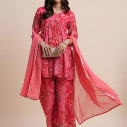 BAPS Floral Printed Silk Chiffon Mirror Work Straight Kurti With Palazzo & Dupatta-image-31