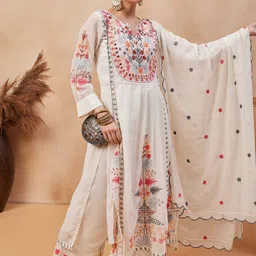 KAVINDI Women Ethnic Motifs Embroidered Empire Kurti with Palazzos & With Dupatta-picture-56