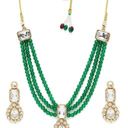 Peora Gold Plated Green Crystal & Beads Studded Necklace Set-image-42