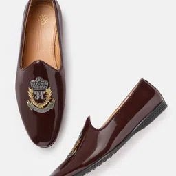 House of Pataudi Men Coffee Brown Handcrafted Embroidered Patent Leather Mojaris-picture-57