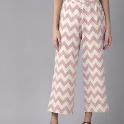 anayna Women Off-White & Maroon Chevron Printed Straight Palazzos-image-8