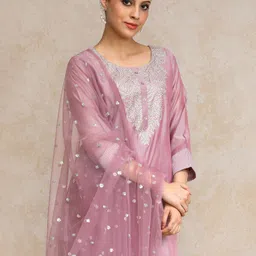 Varanga Women Floral Embroidered Regular Chanderi Silk Kurta with Trousers & With Dupatta-picture-18