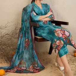Indo Era Floral Printed Beads and Stones Chanderi Silk Kurta With Trousers & Dupatta-picture-44