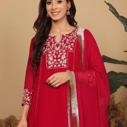 Varanga Women Floral Embroidered Silk Georgette A-Line Kurta with Trousers & Dupatta-picture-18