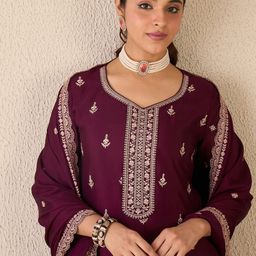Indo Era Floral Embroidered Sweetheart Neck Kurta With Sharara & Dupatta-image-31
