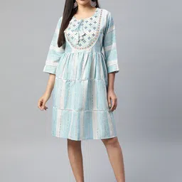 Readiprint Fashions Floral Embroidered Tie-Up Neck Cotton A-Line Dress-image-40