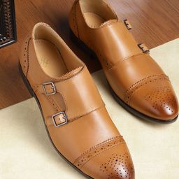 House of Pataudi Men Tan Brown Leather Brogue Detail Handcrafted Formal Monks-image-36