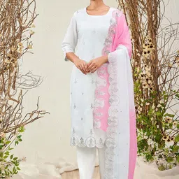 Indo Era White Ethnic Motifs Embroidered Zari Detailed Kurta With Trousers & Dupatta-image-72