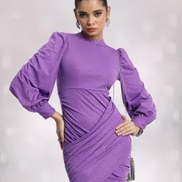 Tokyo Talkies Purple Embellished High Neck Cuffed Sleeves Gathered Fit & Flare Dress-image-19