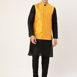 SOJANYA Men Black & Mustard Yellow Woven Design Kurta & Churidar with Nehru Jacket-5