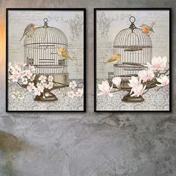 Art Street Set Of 2 Multicoloured Sparrow & Cage Framed Canvas Wall Art-31