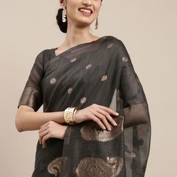 Mitera Charcoal Grey & Golden Paisley Linen Blend Banarasi Saree-image-63