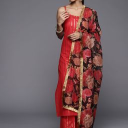 Varanga Women Red Gotta Patti Pure Cotton Kurta with Trousers & Dupatta-image-55