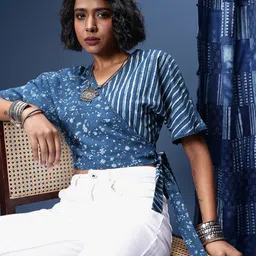 Taavi Floral Striped Extended Sleeves Pure Cotton Indigo Wrap Top-image-35