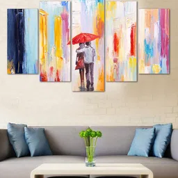 WENS Blue & Yellow Couple Walk Velvet Laminated 5 Panelled Wall Art-image-47