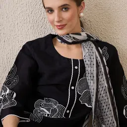 Indo Era Floral Embroidered Round Neck Sequinned Linen Kurta With Trousers & Dupatta-11