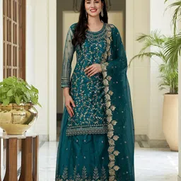 Trendmalls Floral Embroidered Regular Beads and Stones Kurta with Skirt & Dupatta-picture-44