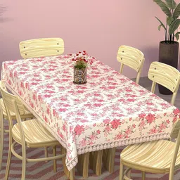Kuber Industries Pink & White Printed 6-Seater Rectangular Table Cover-50